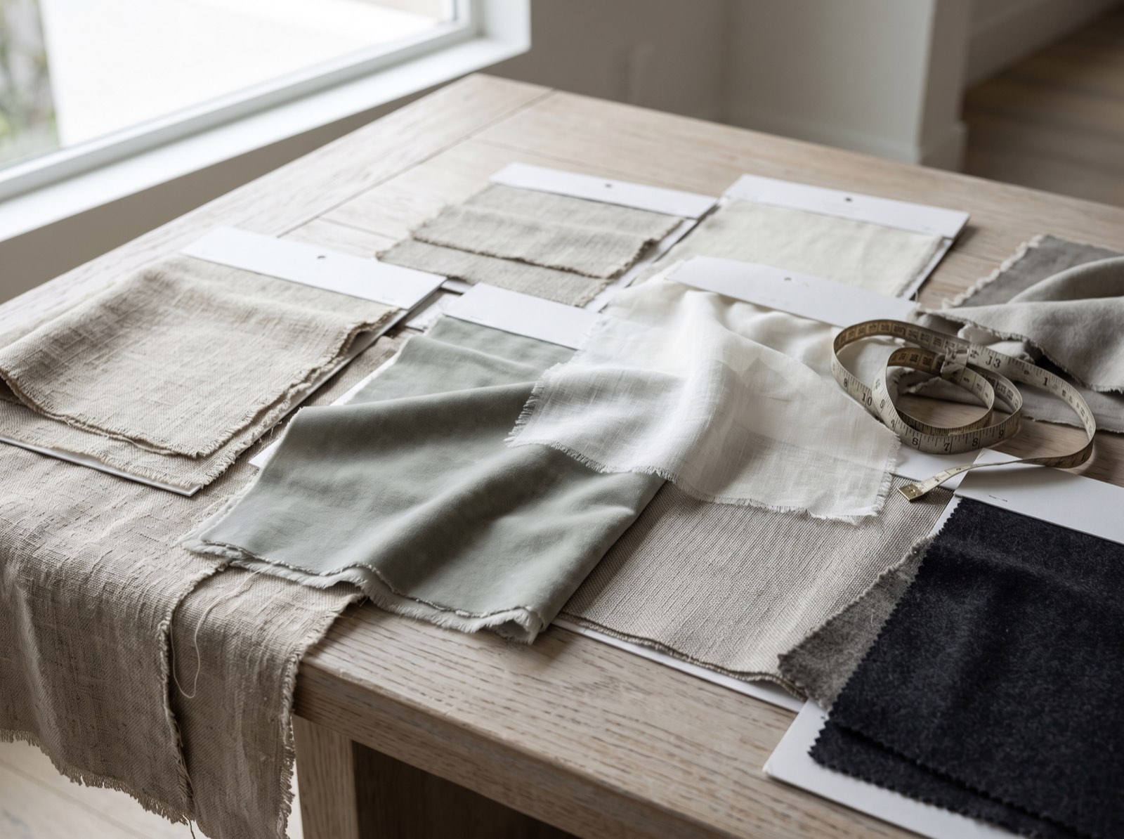 Drapery fabric samples laid out on a table