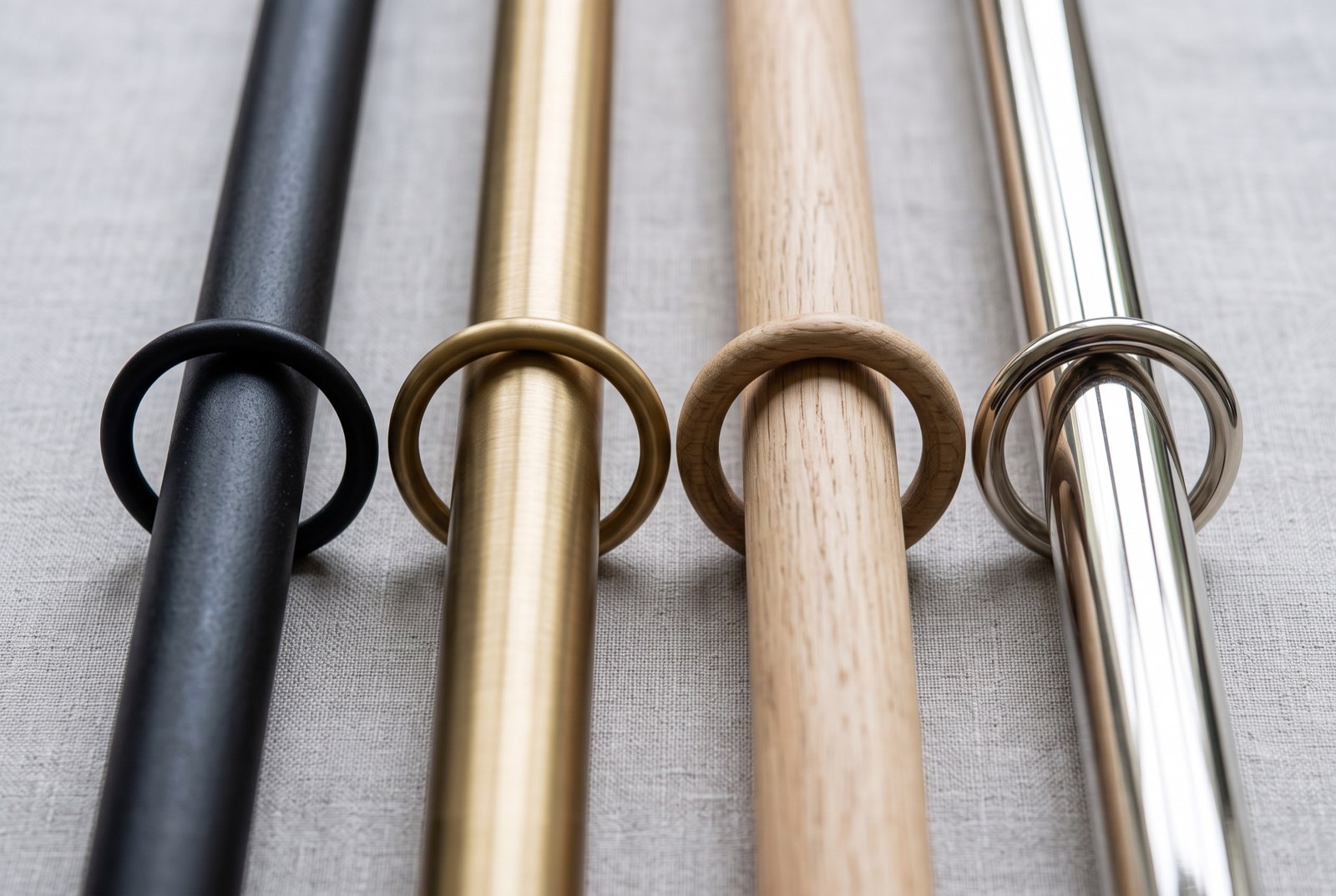 Drapery rods in four finishes, each with its rings
