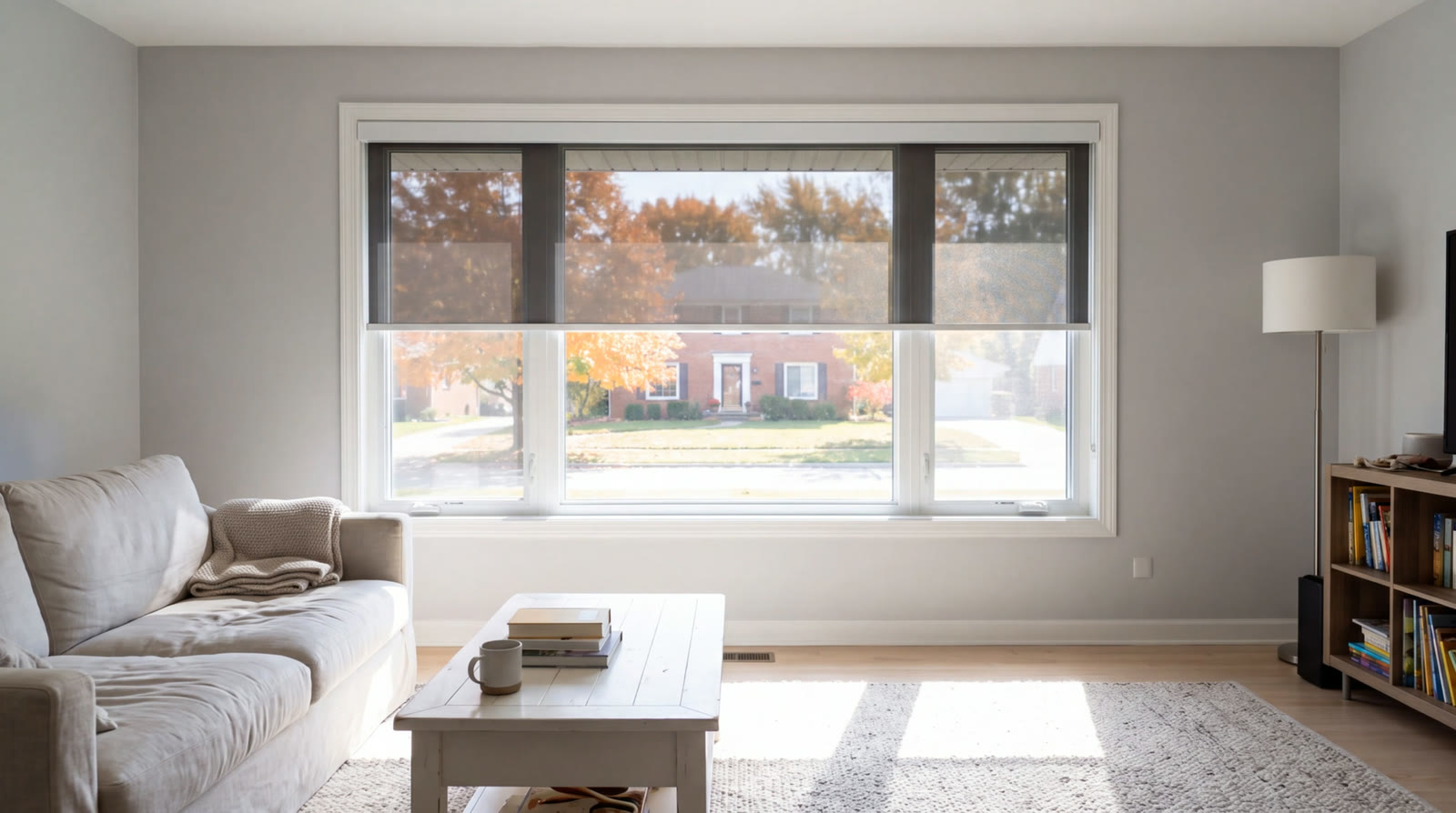 A charcoal solar roller shade coming down over a family room picture window, autumn maples and a brick house across the street still in view through it